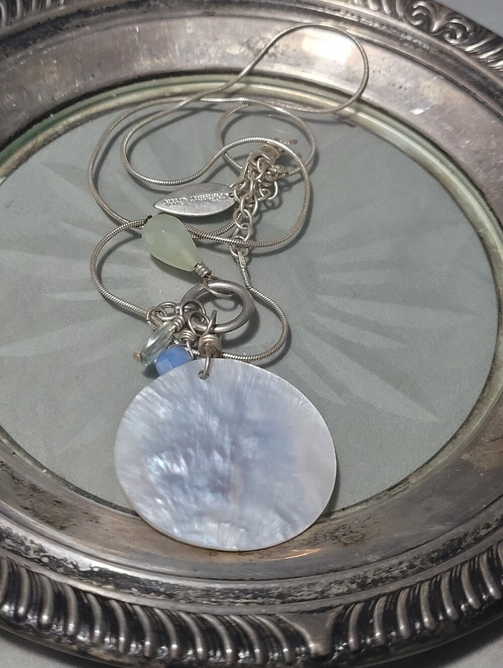Sterling Silver Mother-of-Pearl Pendant Necklace with Pale Blue Accents